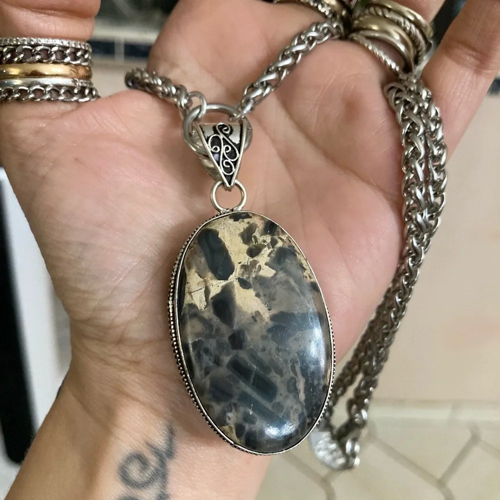 925 Sterling silver overlay marble jasper charm gemstone boho necklace - Picture 6 of 11